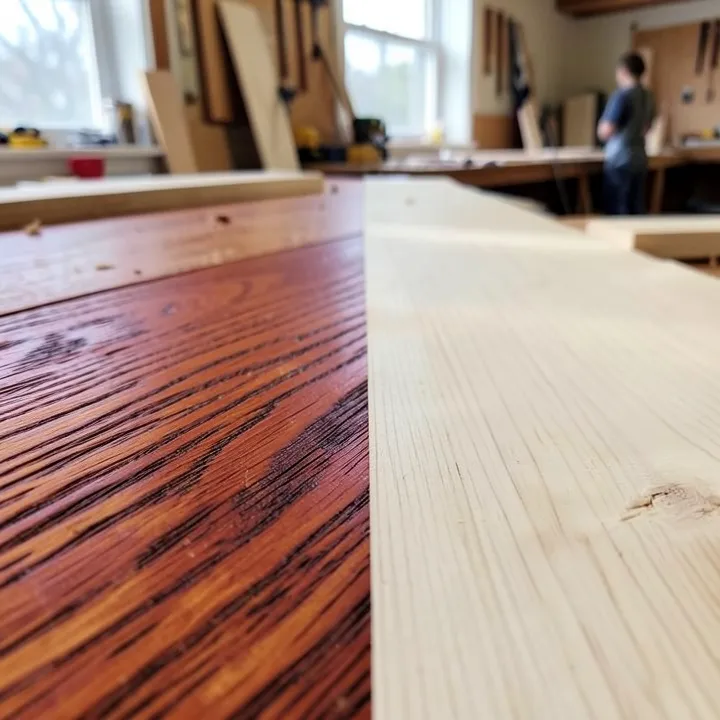 Close-up comparison of red oak wood grain next to poplar wood grain