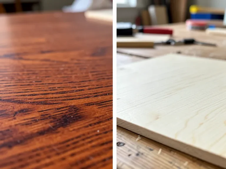 Close-up comparison of red oak wood grain next to poplar wood grain
