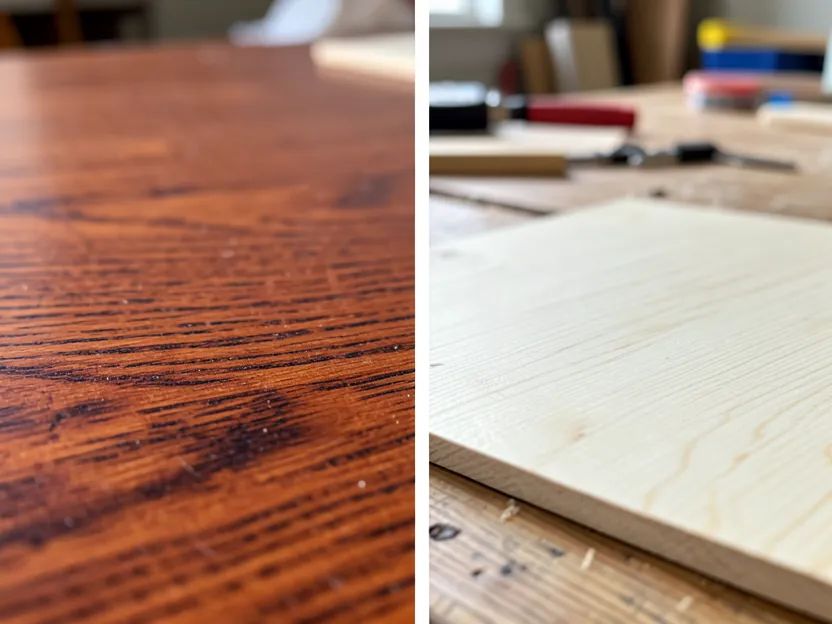 Close-up comparison of red oak wood grain next to poplar wood grain