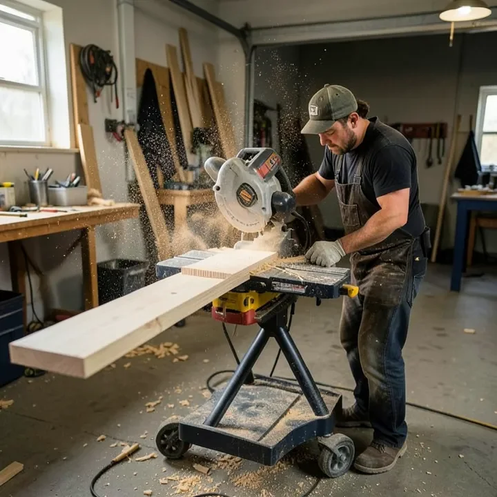 Ripping plywood on a portable table saw Woodworker ripping a plywood board on a portable wheeled table saw in a garage workshop