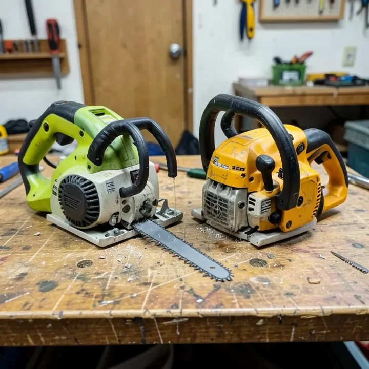 Reciprocating saw and chainsaw side by side for comparison
