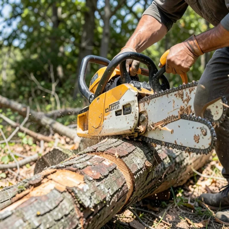 Chainsaw cutting through a log outdoors