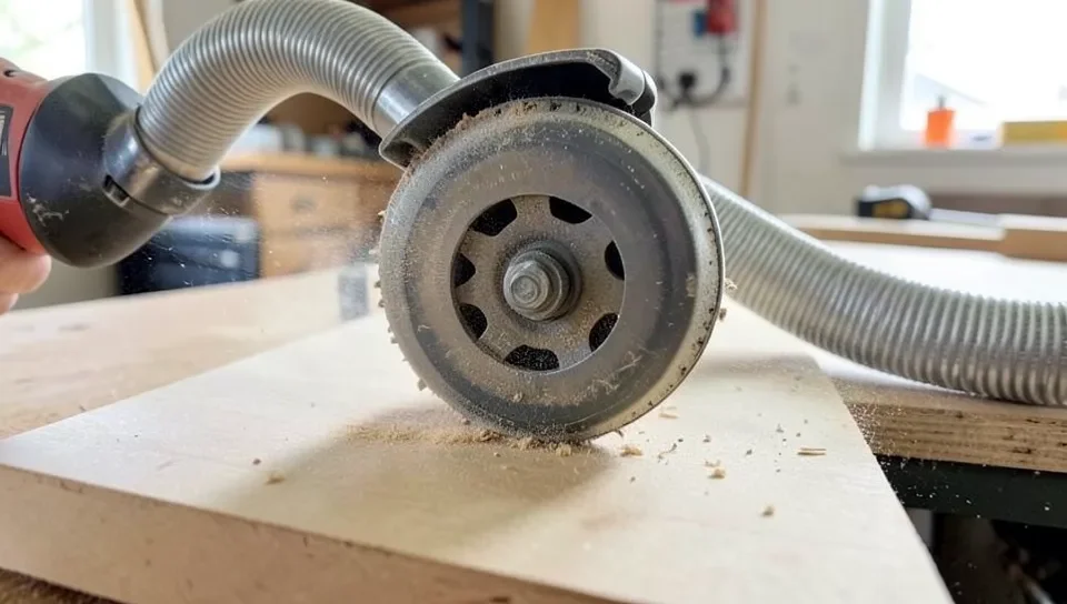 A shop vacuum attached to a saw for dust collection while cutting MDF