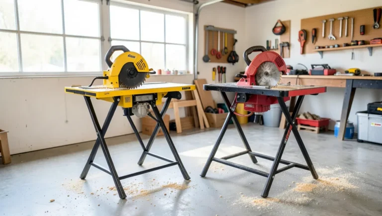 Two portable jobsite table saws with folding stands side by side in a home workshop, comparing SKIL and DEWALT styles