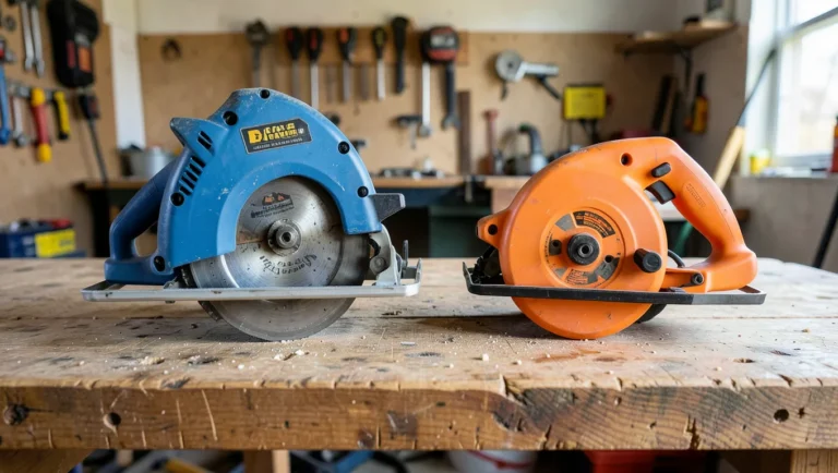 Blue professional circular saw and orange homeowner circular saw side by side on a workbench