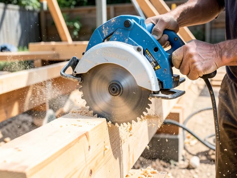 Heavy-duty blue circular saw cutting through a wood beam on a job site