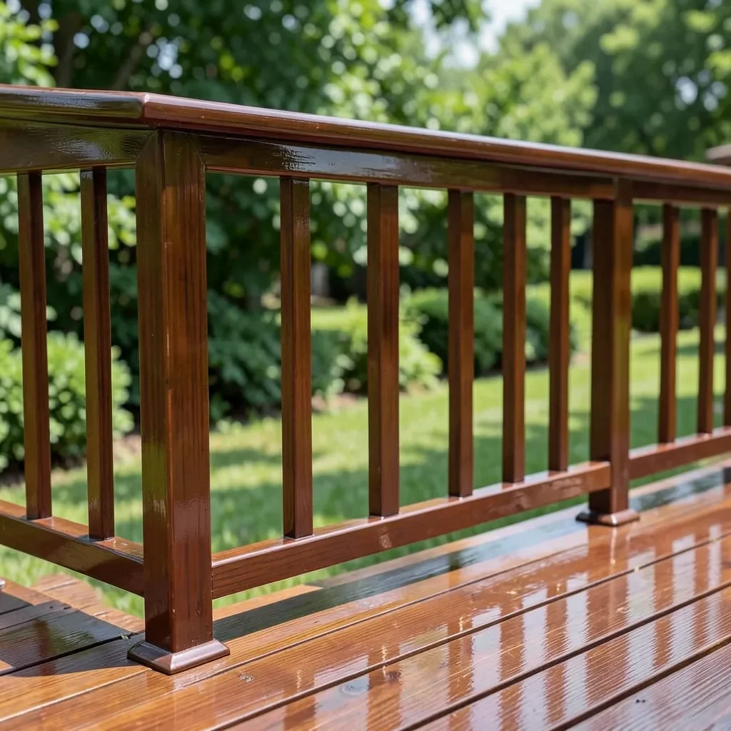 Finished wood deck railing with a glossy protective coating