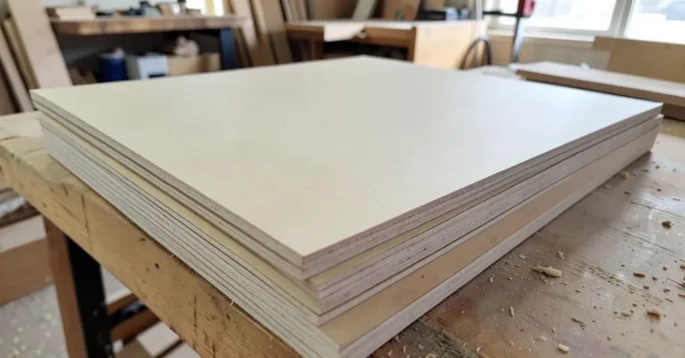 Stack of smooth flat MDF board panels in a woodworking shop