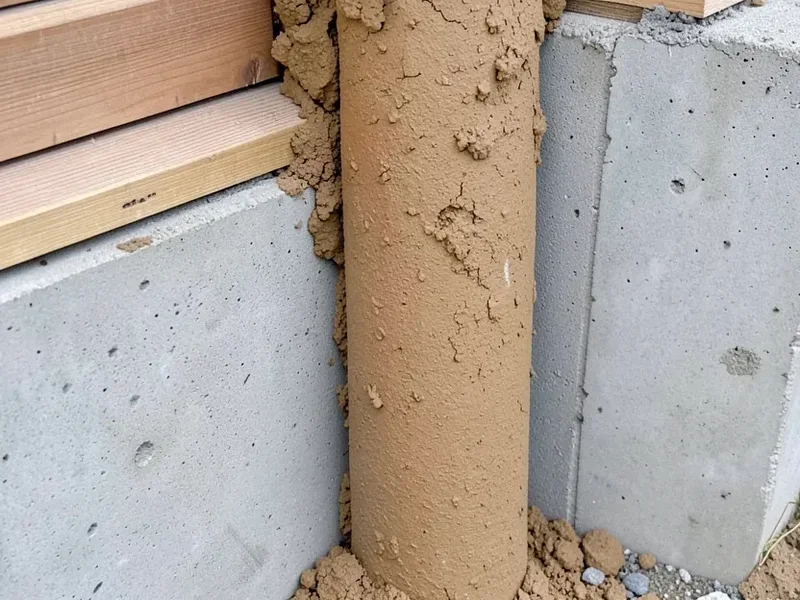 Subterranean termite mud tube running up a concrete foundation wall to a wood sill plate