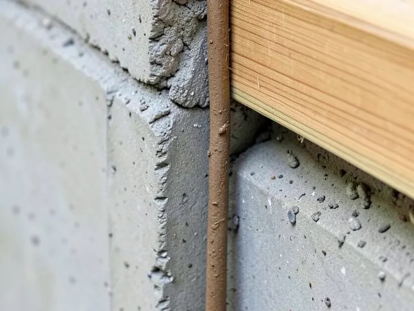 A subterranean termite mud tube running up a foundation wall toward a wood sill plate