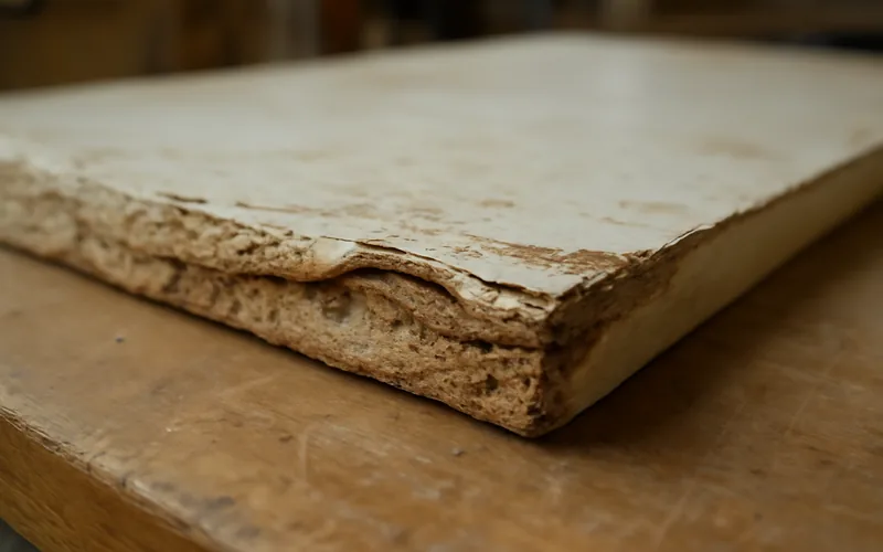 swollen warped MDF board edge with peeling paint from water damage swollen warped MDF board edge with peeling paint from water damage