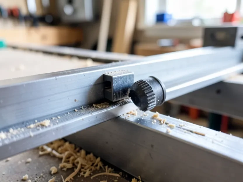 Close-up of a table saw rip fence rail with a rack-and-pinion adjustment knob