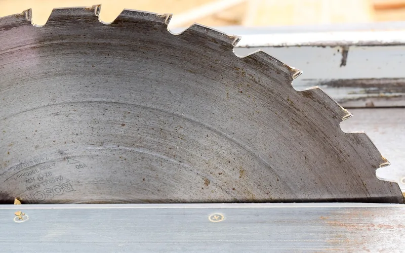 table saw ripping a plywood sheet on a shop floor
