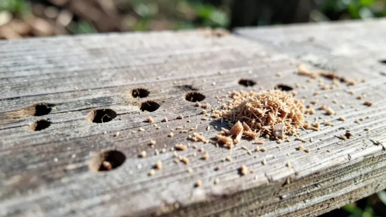 Small round termite exit holes with a pile of sawdust-like frass on a weathered wood board