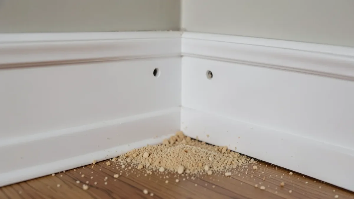 Small pinhole openings and sawdust-like frass below white crown molding