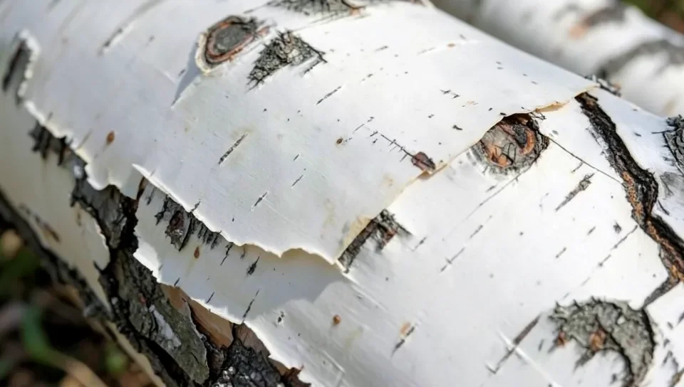 Close-up of white birch bark peeling in papery layers