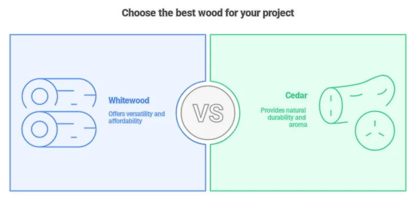 Whitewood vs. cedar - the core trade-off is cost and workability vs. natural outdoor durability