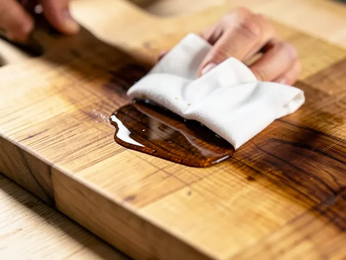 Wiping excess tung oil off a cutting board with a clean cloth