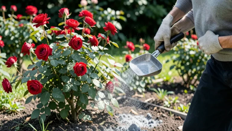 Sprinkling wood ash around the base of a rose bush