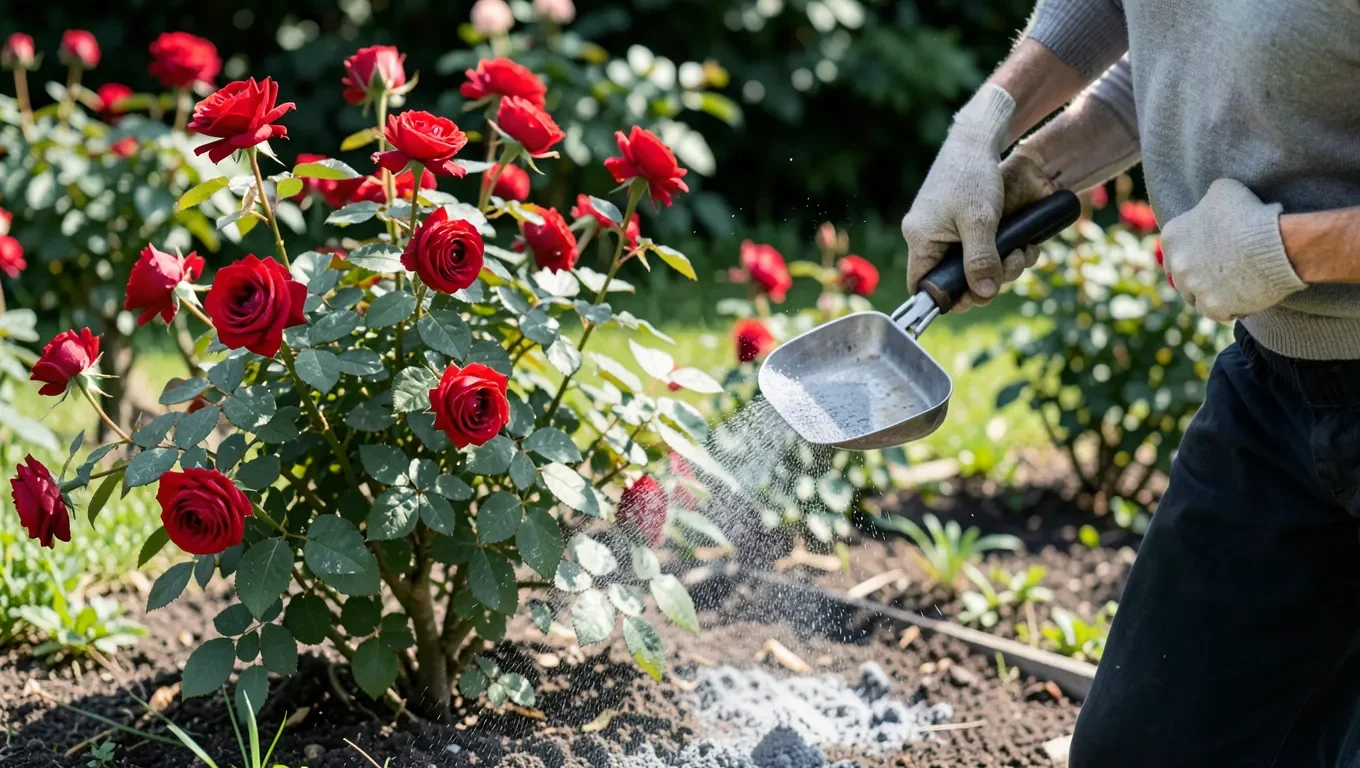 Sprinkling wood ash around the base of a rose bush