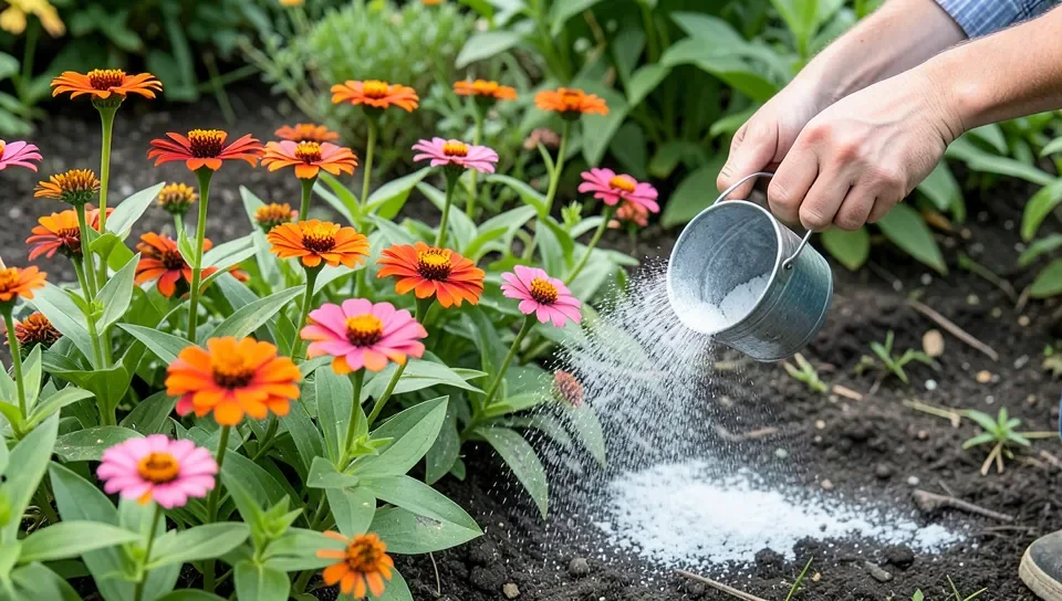 Applying a light dusting of wood ash around zinnias
