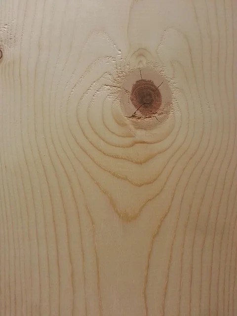 Close-up of a wood knot showing the grain distortion around it