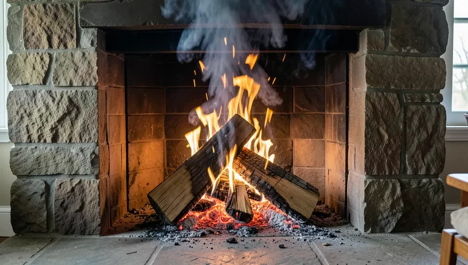 A wood fire burning in a fireplace with visible smoke