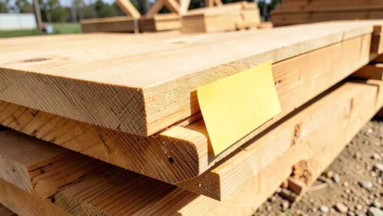 Stacked pressure-treated lumber boards with a yellow brand end tag at a lumber yard