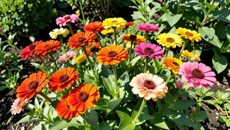 Colorful blooming zinnia flowers in a garden bed