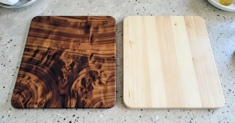 Acacia and rubberwood cutting boards side by side showing the grain and color difference