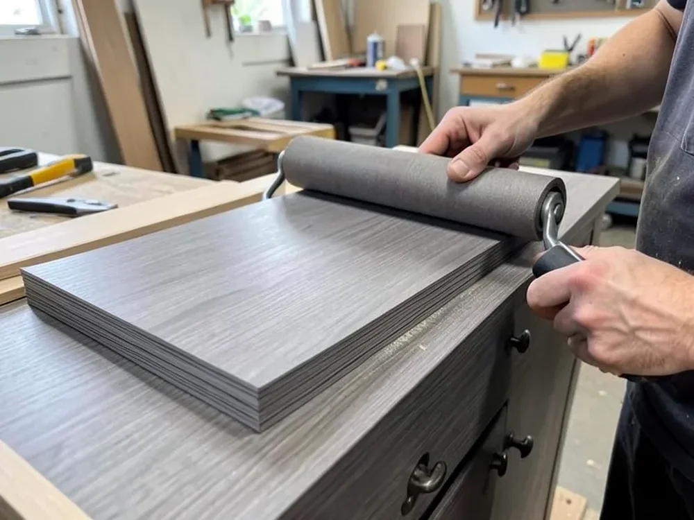 Applying a wood veneer sheet to a cabinet panel with a veneer roller