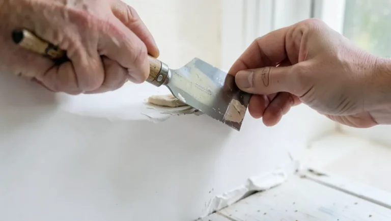 Applying wood filler with a putty knife to repair an MDF baseboard