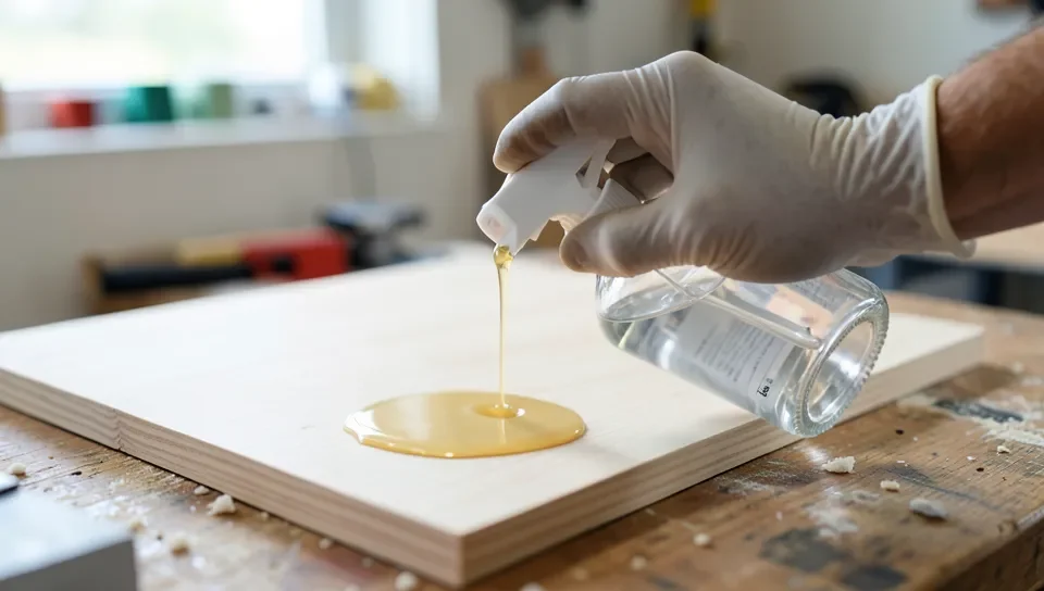Gloved hand applying clear fire-retardant coating to a wood board Gloved hand applying clear fire-retardant coating to a wood board