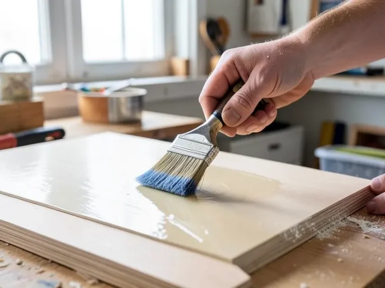 Applying a coat of clear varnish to a primed MDF board with a foam brush