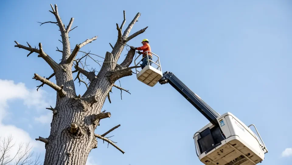 Professionals use an aerial lift rather than climbing to work on hazardous dead trees