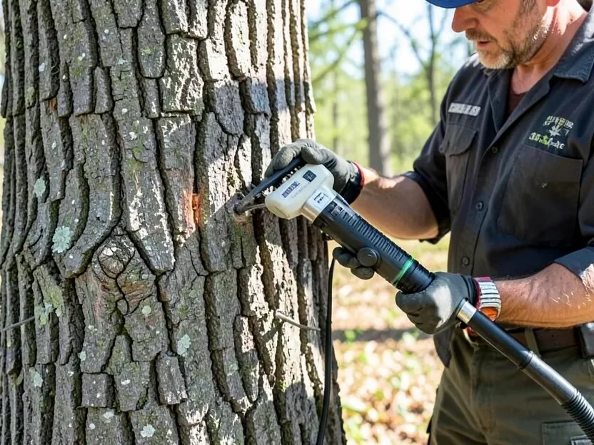 Arborist using a trunk injection tool to treat a tree against emerald ash borer