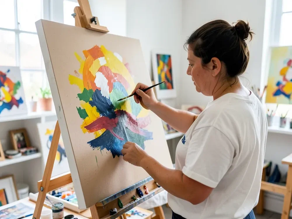 Artist painting with acrylics on an MDF panel mounted on an easel