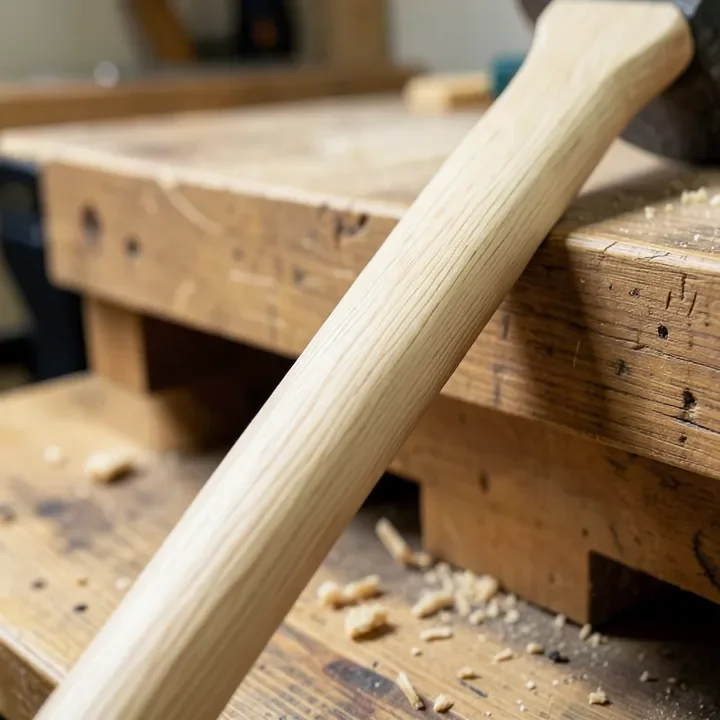 Close-up of an ash wood axe handle showing straight grain