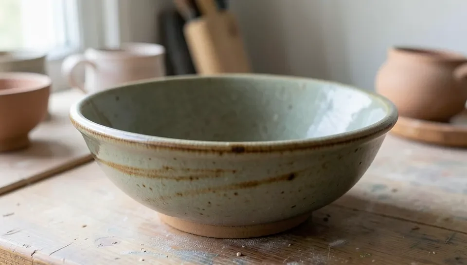 A ceramic pottery bowl finished with a natural wood ash glaze