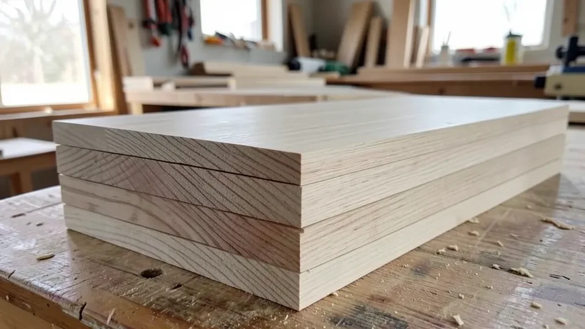 Stack of pale tan ash hardwood lumber boards in a woodworking shop