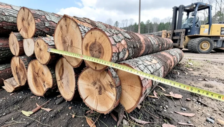 Stack of ash logs at a sawmill yard with a tape measure across the end grain