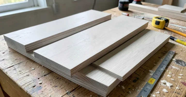 Stack of solid ash wood boards with straight open grain on a workshop table