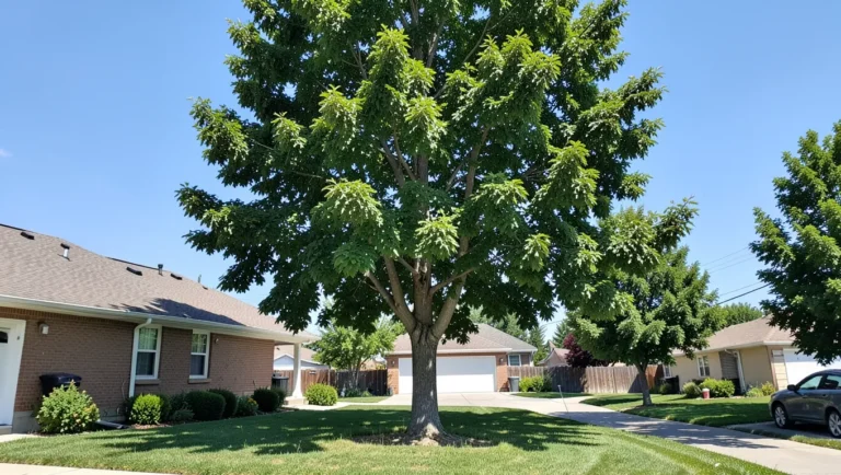Mature ash tree with full green canopy in a suburban front yard