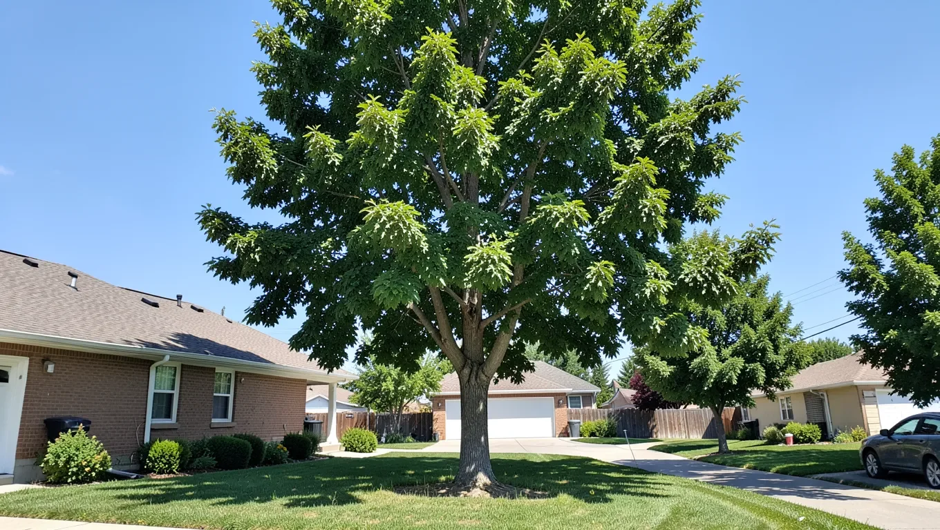 Mature ash tree with full green canopy in a suburban front yard