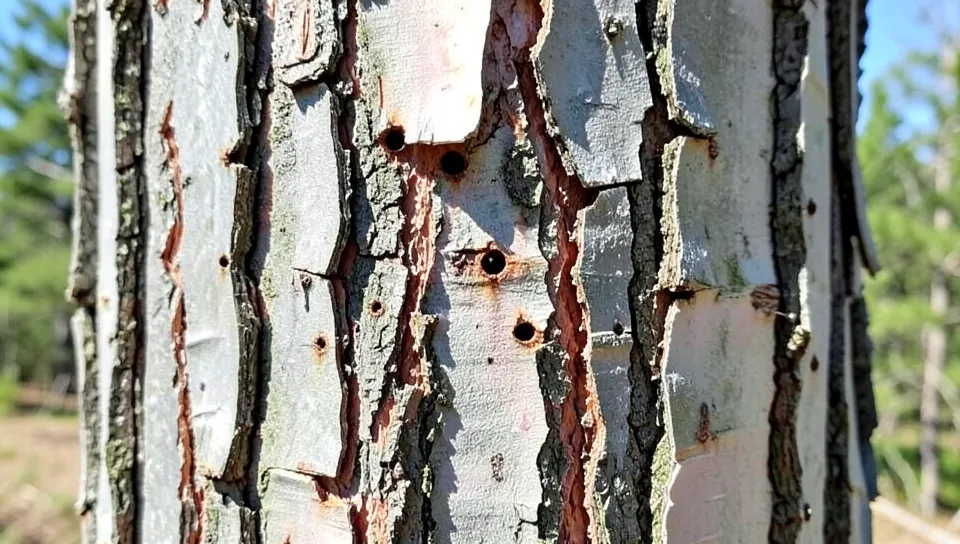 Close-up of D-shaped emerald ash borer exit holes and bark damage on an ash tree trunk