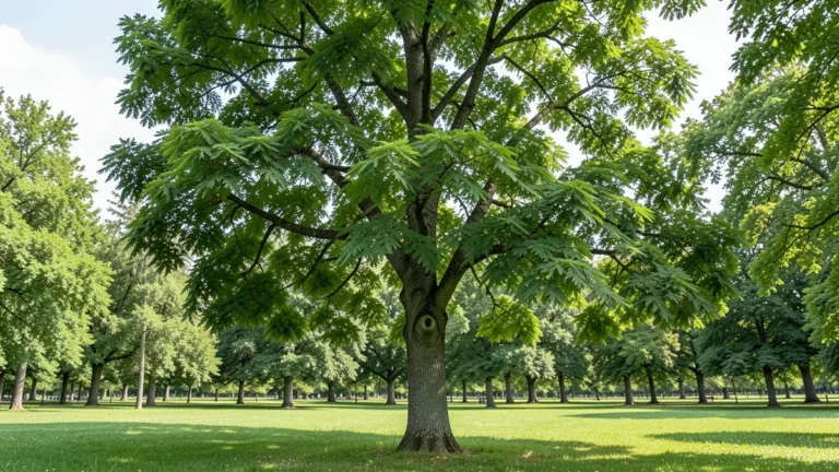 Mature ash tree showing compound pinnate leaves and opposite branching