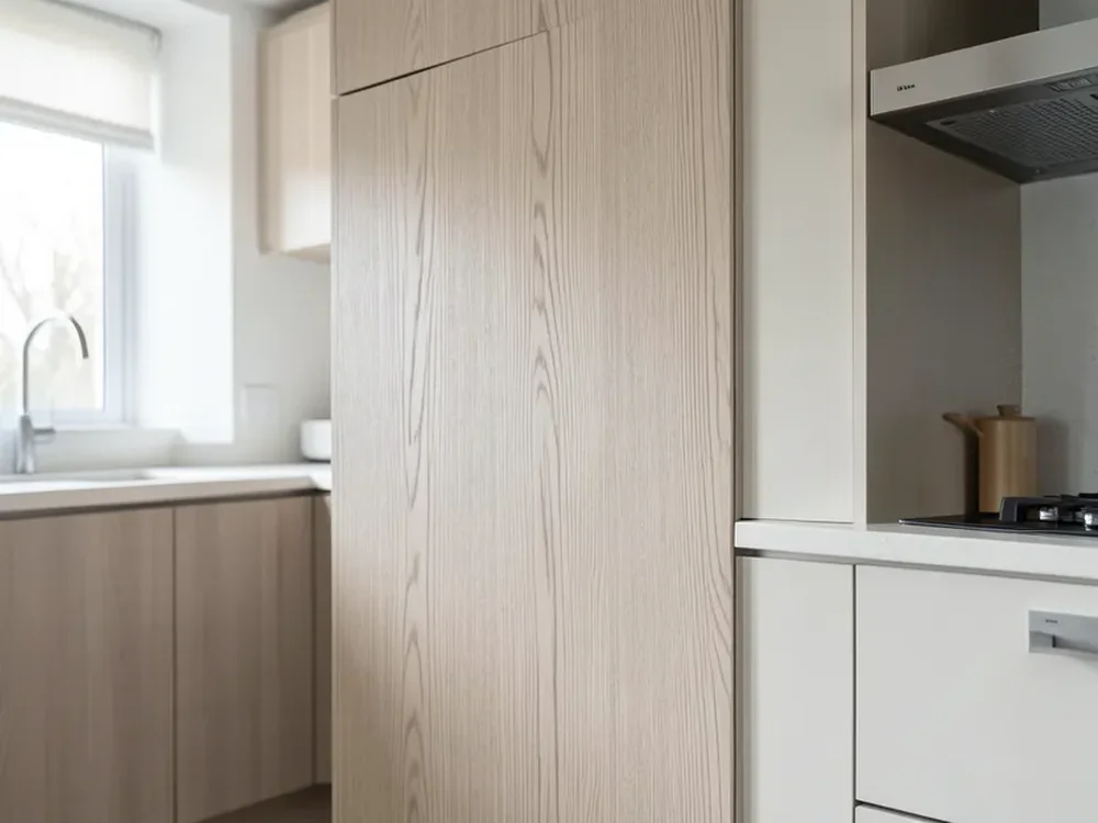 Finished ash veneer cabinet door showing straight, light-colored wood grain