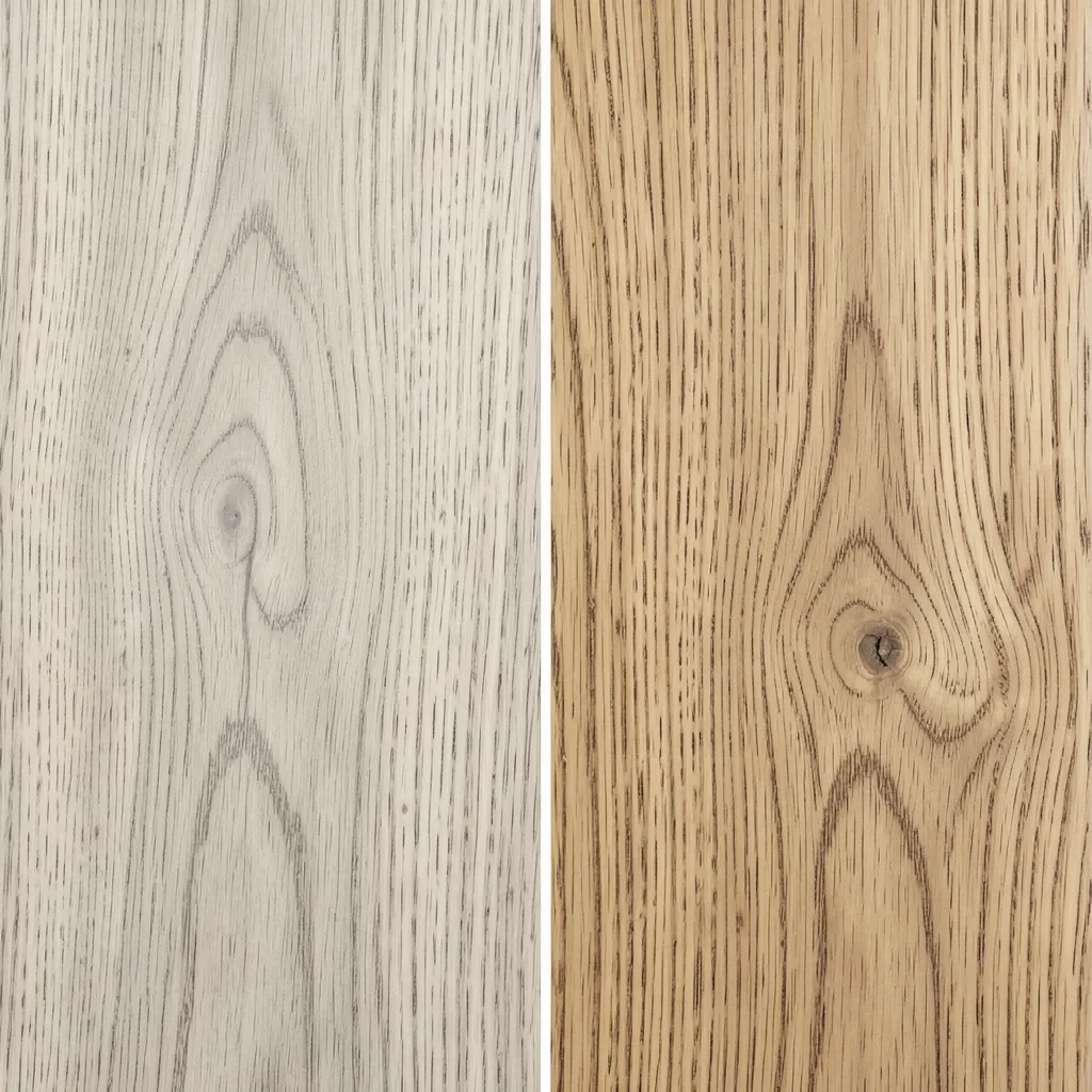 Side-by-side comparison of ash wood grain and oak wood grain