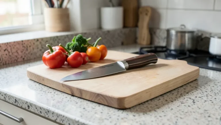 An ash wood cutting board in a kitchen