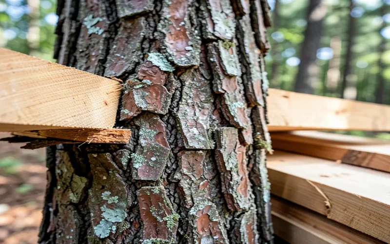 Ash tree bark and freshly cut ash lumber planks